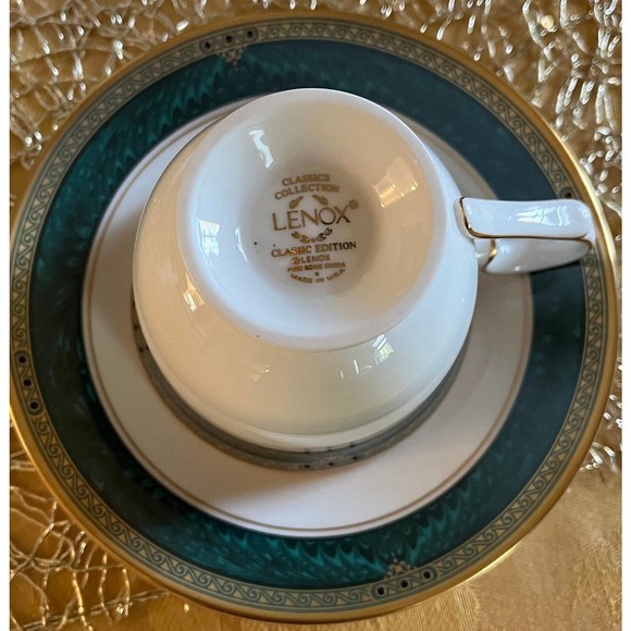 Lenox Bone China Classic Edition Footed Cup & Saucer Set, White, Green Marble - Picture 6 of 10